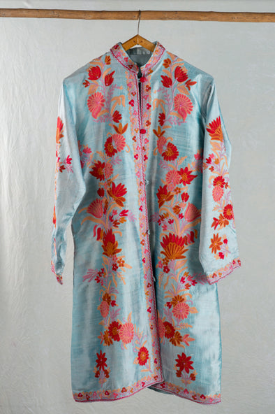 Manteau bleu clair brodé Flower Kashmir